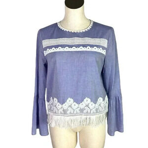 T Tahari Women M Lace Fringe Top Blue Relaxed Cotton Bell Cuff Sleeve Keyhole